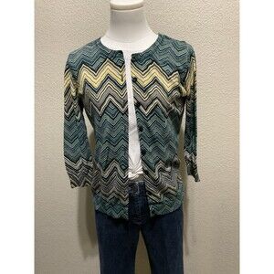Ann Taylor, Cardigan Sweater, 3/4 Sleeve, Zig Zag Print, Shades Of Green, M